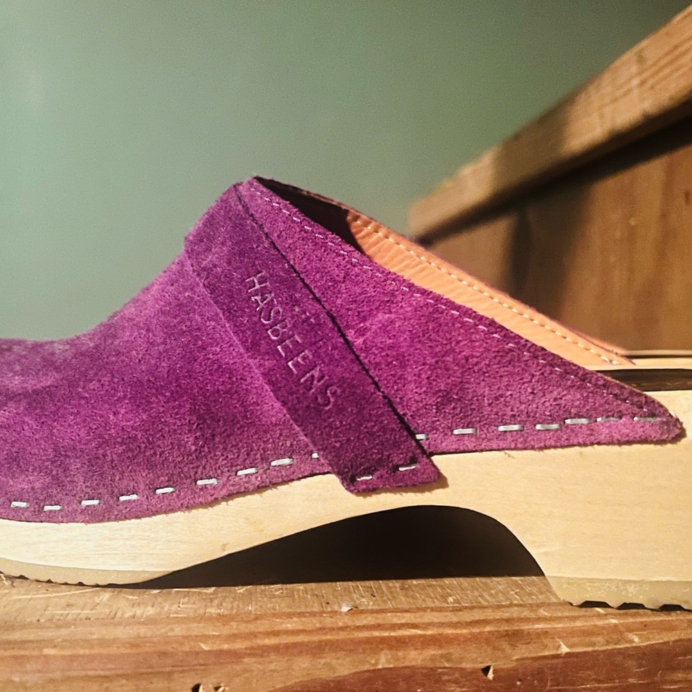 Swedish Hasbeens Purple Suede Clog Mule